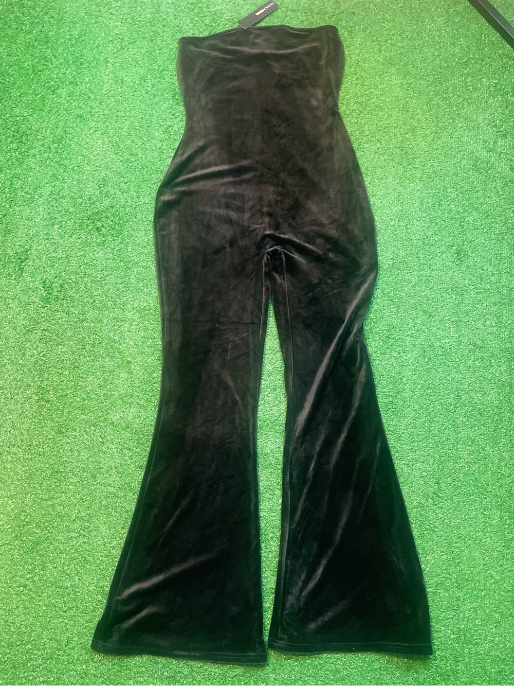 Fashion Nova Black Velvet Strapless Flare Jumpsuit